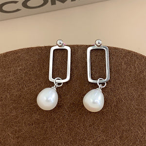 925 Sterling Silver Simple and Fashion Hollow Geometric Square Earrings with Freshwater Pearls