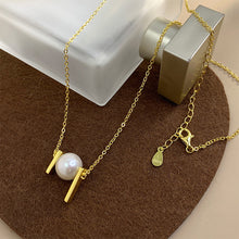 Load image into Gallery viewer, 925 Sterling Silver Plated Gold Fashion Simple Strip Freshwater Pearl Pendant with Necklace