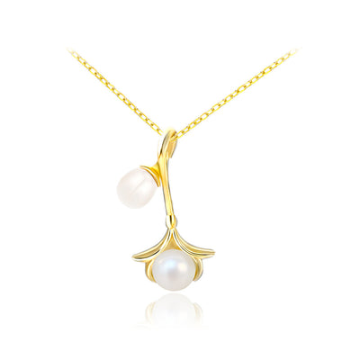 925 Sterling Silver Plated Gold Fashion Temperament Flower Freshwater Pearl Pendant with Necklace