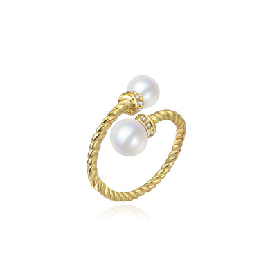 925 Sterling Silver Plated Gold Simple and Fashion Twist Geometric Imitation Pearl Adjustable Open Ring with Cubic Zirconia