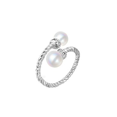 925 Sterling Silver Simple and Fashion Twist Geometric Imitation Pearl Adjustable Open Ring with Cubic Zirconia