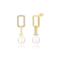 Load image into Gallery viewer, 925 Sterling Silver Plated Gold Fashion Geometric Square Freshwater Pearl Earrings with Cubic Zirconia