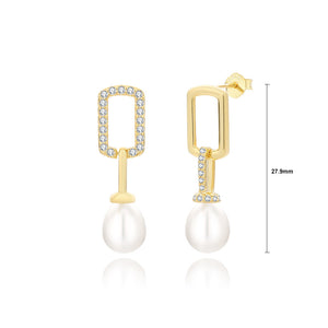 925 Sterling Silver Plated Gold Fashion Geometric Square Freshwater Pearl Earrings with Cubic Zirconia
