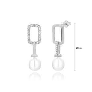 925 Sterling Silver Fashion Geometric Square Freshwater Pearl Earrings with Cubic Zirconia