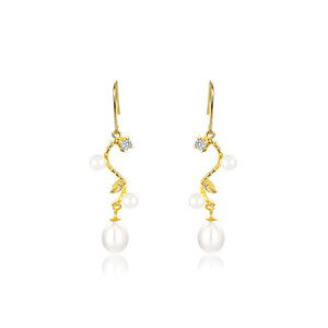 925 Sterling Silver Plated Gold Fashion Simple Leaf Freshwater Pearl Long Earrings with Cubic Zirconia