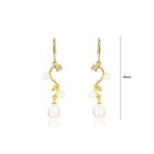 Load image into Gallery viewer, 925 Sterling Silver Plated Gold Fashion Simple Leaf Freshwater Pearl Long Earrings with Cubic Zirconia