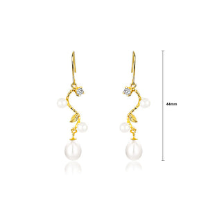 925 Sterling Silver Plated Gold Fashion Simple Leaf Freshwater Pearl Long Earrings with Cubic Zirconia