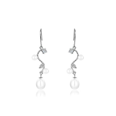 925 Sterling Silver Fashion Simple Leaf Freshwater Pearl Long Earrings with Cubic Zirconia