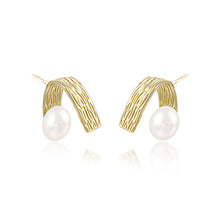 Load image into Gallery viewer, 925 Sterling Silver Plated Gold Fashion Temperament Irregular Pattern V-shaped Geometric Freshwater Pearl Stud Earrings