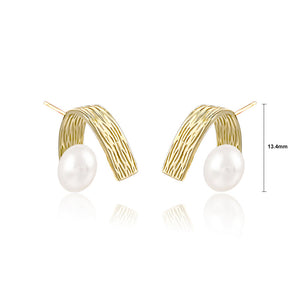 925 Sterling Silver Plated Gold Fashion Temperament Irregular Pattern V-shaped Geometric Freshwater Pearl Stud Earrings