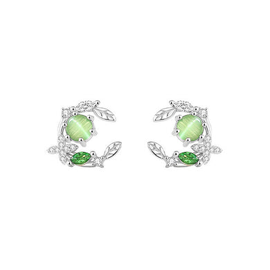 925 Sterling Silver Fashion Temperament Ivy Leaf Imitation Cats Eye Stud Earrings with Cubic Zirconia