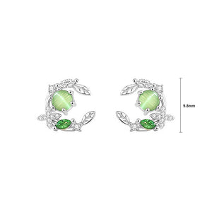 925 Sterling Silver Fashion Temperament Ivy Leaf Imitation Cats Eye Stud Earrings with Cubic Zirconia