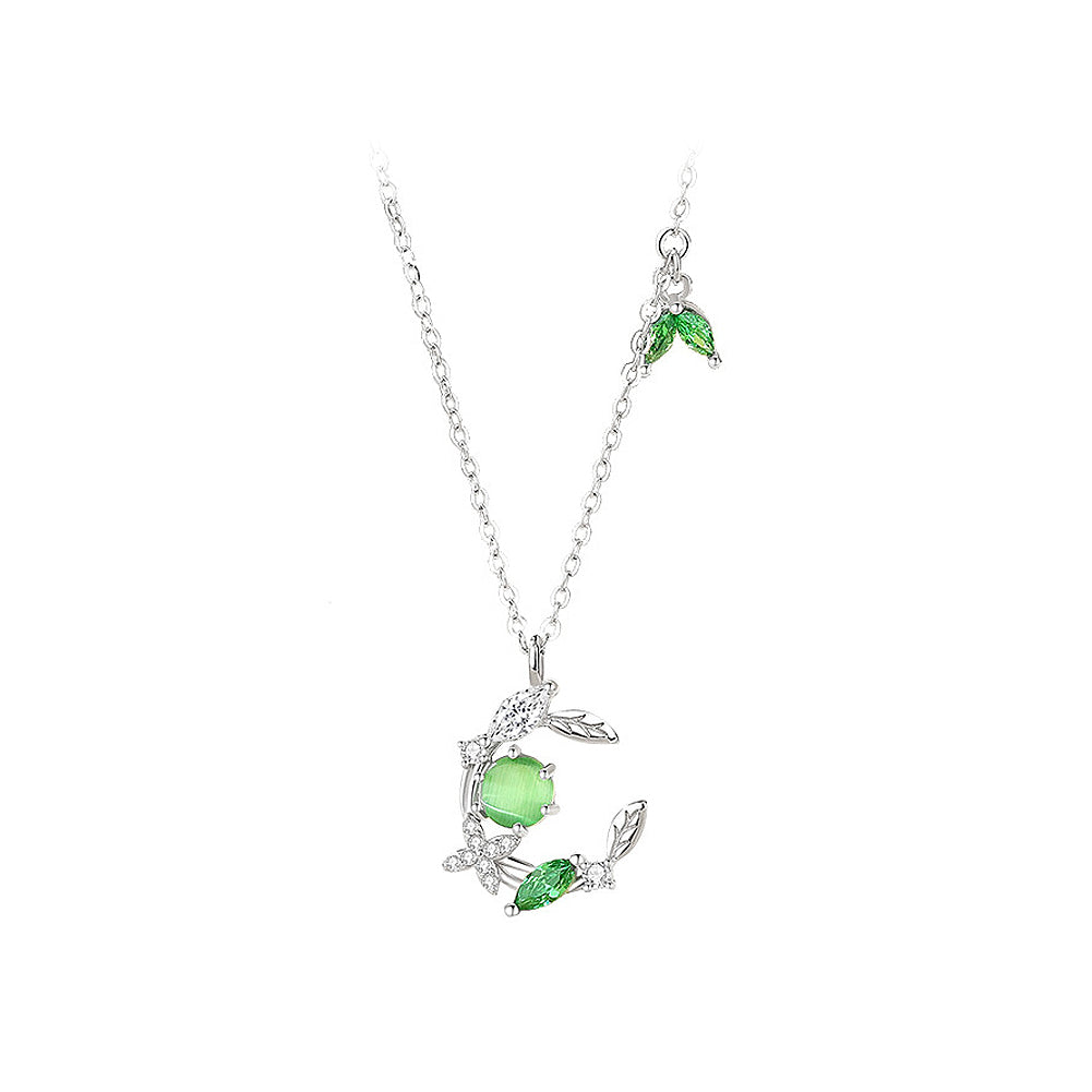 925 Sterling Silver Fashion Temperament Ivy Leaf Imitation Cats Eye Pendant with Cubic Zirconia and Necklace