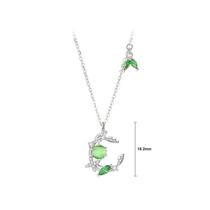 925 Sterling Silver Fashion Temperament Ivy Leaf Imitation Cats Eye Pendant with Cubic Zirconia and Necklace