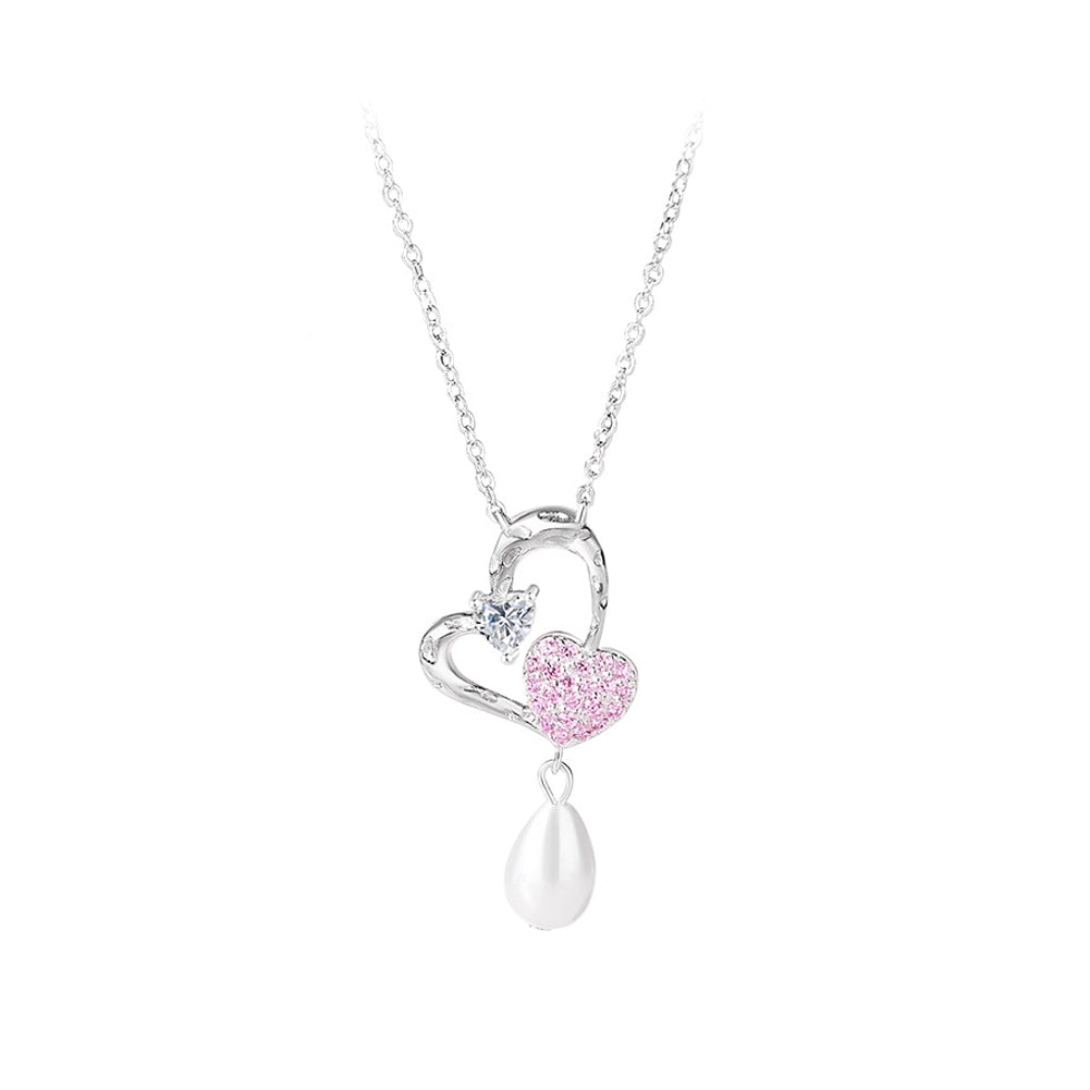 925 Sterling Silver Fashion and Sweet Double Heart-shaped Water Drop Imitation Pearl Pendant with Cubic Zirconia and Necklace