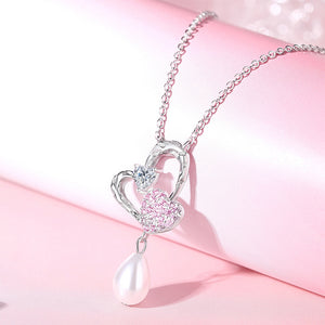 925 Sterling Silver Fashion and Sweet Double Heart-shaped Water Drop Imitation Pearl Pendant with Cubic Zirconia and Necklace