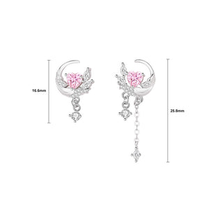 925 Sterling Silver Fashion Romantic Feather Heart Tassel Asymmetric Earrings with Cubic Zirconia