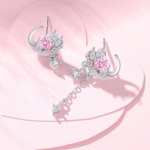 925 Sterling Silver Fashion Romantic Feather Heart Tassel Asymmetric Earrings with Cubic Zirconia