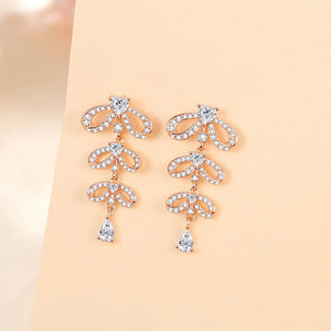 925 Sterling Silver Plated Rose Gold Simple Sweet Ribbon Tassel Earrings with Cubic Zirconia