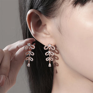 925 Sterling Silver Plated Rose Gold Simple Sweet Ribbon Tassel Earrings with Cubic Zirconia