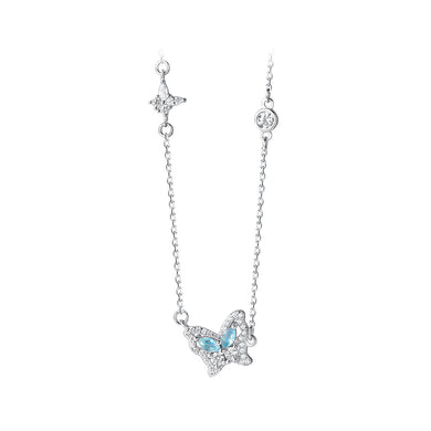 925 Sterling Silver Simple Cute Butterfly Pendant with Cubic Zirconia and Necklace