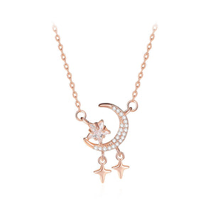925 Sterling Silver Plated Rose Gold Fashion Bright Moon Star Tassel Pendant with Cubic Zirconia and Necklace