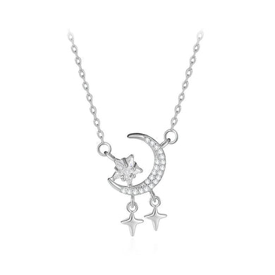 925 Sterling Silver Fashion Bright Moon Star Tassel Pendant with Cubic Zirconia and Necklace