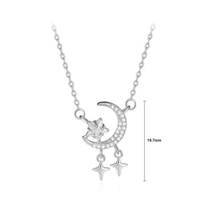 925 Sterling Silver Fashion Bright Moon Star Tassel Pendant with Cubic Zirconia and Necklace