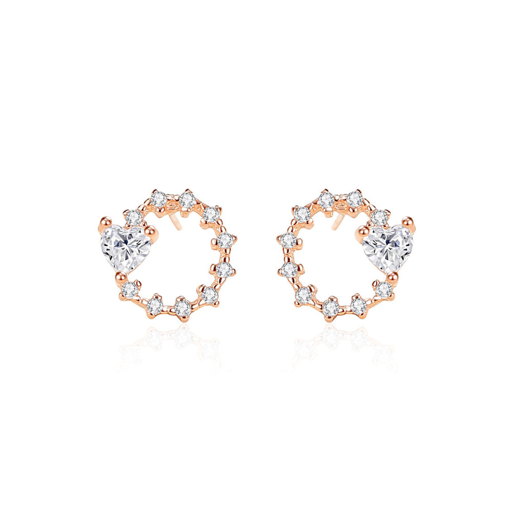 925 Sterling Silver Plated Rose Gold Simple and Fashion Heart-shaped Circle Stud Earrings with Cubic Zirconia