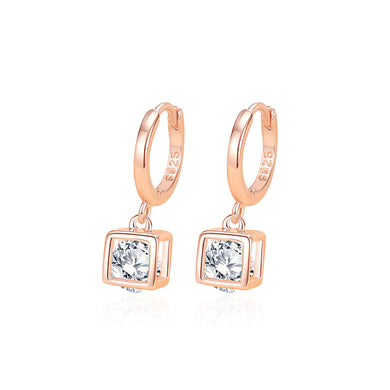 925 Sterling Silver Plated Rose Gold Simple and Fashion Three-dimensional Geometric Square Earrings with Cubic Zirconia