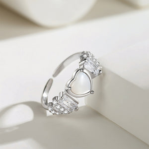 925 Sterling Silver Fashion Vintage Heart Shape Imitation Pearl Adjustable Open Ring with Cubic Zirconia