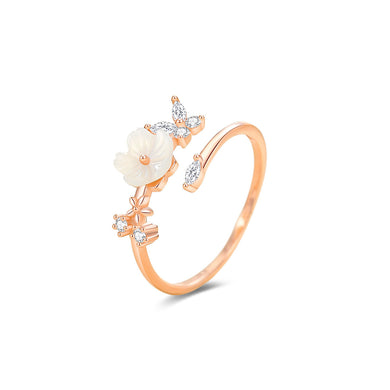 925 Sterling Silver Plated Rose Gold Sweet Temperament Shell Flower Butterfly Adjustable Open Ring with Cubic Zirconia