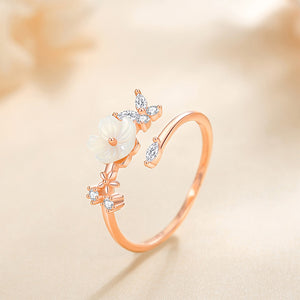 925 Sterling Silver Plated Rose Gold Sweet Temperament Shell Flower Butterfly Adjustable Open Ring with Cubic Zirconia