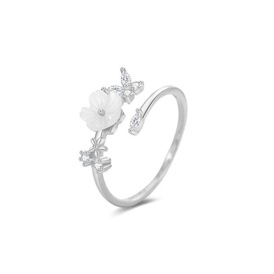 925 Sterling Silver Sweet Temperament Shell Flower Butterfly Adjustable Open Ring with Cubic Zirconia