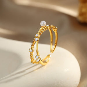 925 Sterling Silver Plated Gold Simple Personality Cross Lines Geometric Imitation Pearl Adjustable Open Ring with Cubic Zirconia
