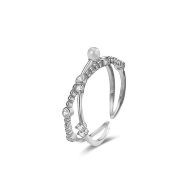 925 Sterling Silver Simple Personality Cross Lines Geometric Imitation Pearl Adjustable Open Ring with Cubic Zirconia