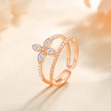 Load image into Gallery viewer, 925 Sterling Silver Plated Rose Gold Fashion and Simple Four-leafed Clover Double-layer Line Adjustable Open Ring with Cubic Zirconia
