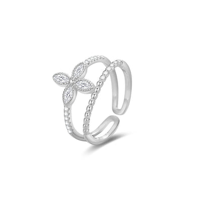 925 Sterling Silver Fashion and Simple Four-leafed Clover Double-layer Line Adjustable Open Ring with Cubic Zirconia