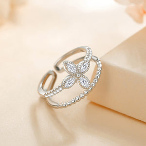 925 Sterling Silver Fashion and Simple Four-leafed Clover Double-layer Line Adjustable Open Ring with Cubic Zirconia
