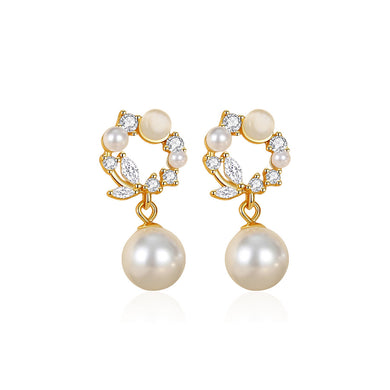 925 Sterling Silver Plated Gold Fashion Sweet Flower Imitation Pearl Earrings with Cubic Zirconia