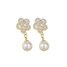 Load image into Gallery viewer, 925 Sterling Silver Plated Gold Fashion Elegant Camellia Imitation Pearl Earrings with Cubic Zirconia
