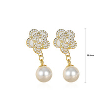 Load image into Gallery viewer, 925 Sterling Silver Plated Gold Fashion Elegant Camellia Imitation Pearl Earrings with Cubic Zirconia