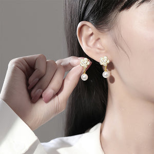 925 Sterling Silver Plated Gold Fashion Elegant Camellia Imitation Pearl Earrings with Cubic Zirconia