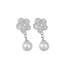 Load image into Gallery viewer, 925 Sterling Silver Fashion Elegant Camellia Imitation Pearl Earrings with Cubic Zirconia