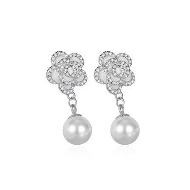 925 Sterling Silver Fashion Elegant Camellia Imitation Pearl Earrings with Cubic Zirconia