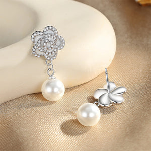 925 Sterling Silver Fashion Elegant Camellia Imitation Pearl Earrings with Cubic Zirconia