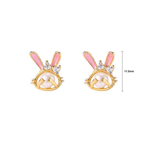 925 Sterling Silver Plated Gold Simple Cute Enamel Rabbit Imitation Pearl Stud Earrings with Cubic Zirconia