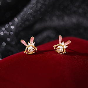 925 Sterling Silver Plated Gold Simple Cute Enamel Rabbit Imitation Pearl Stud Earrings with Cubic Zirconia