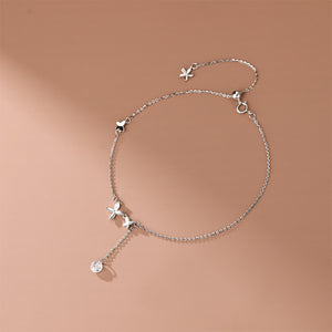 925 Sterling Silver Simple Cute Butterfly Tassel Anklet with Cubic Zirconia