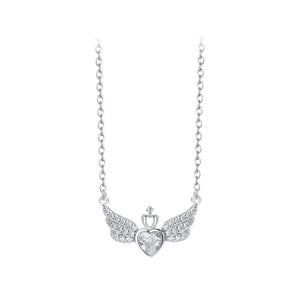 925 Sterling Silver Fashion Brilliant Heart-shaped Angel Wings Pendant with Cubic Zirconia and Necklace